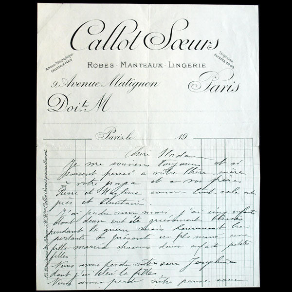 Lettre autographe signée de Madame Gerber des Soeurs Callot (1919)