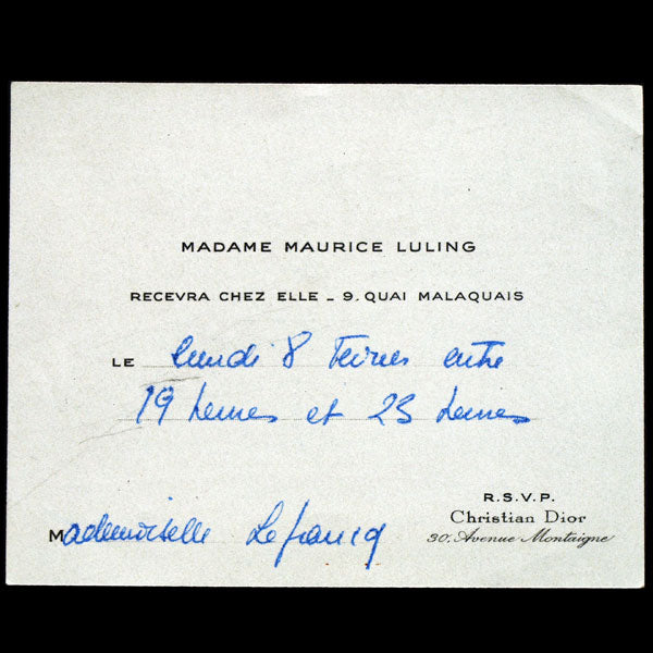 Carton d'invitation de Madame Suzanne Luling de la maison Christian Dior (circa 1956)