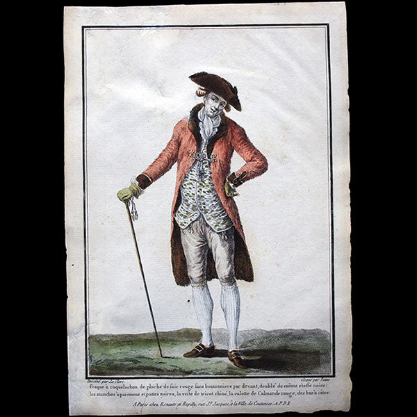 Gallerie des Modes et Costumes Français, 1778-1787, gravure n° R 99, Fraque à coqueluchon par Leclerc (1779)
