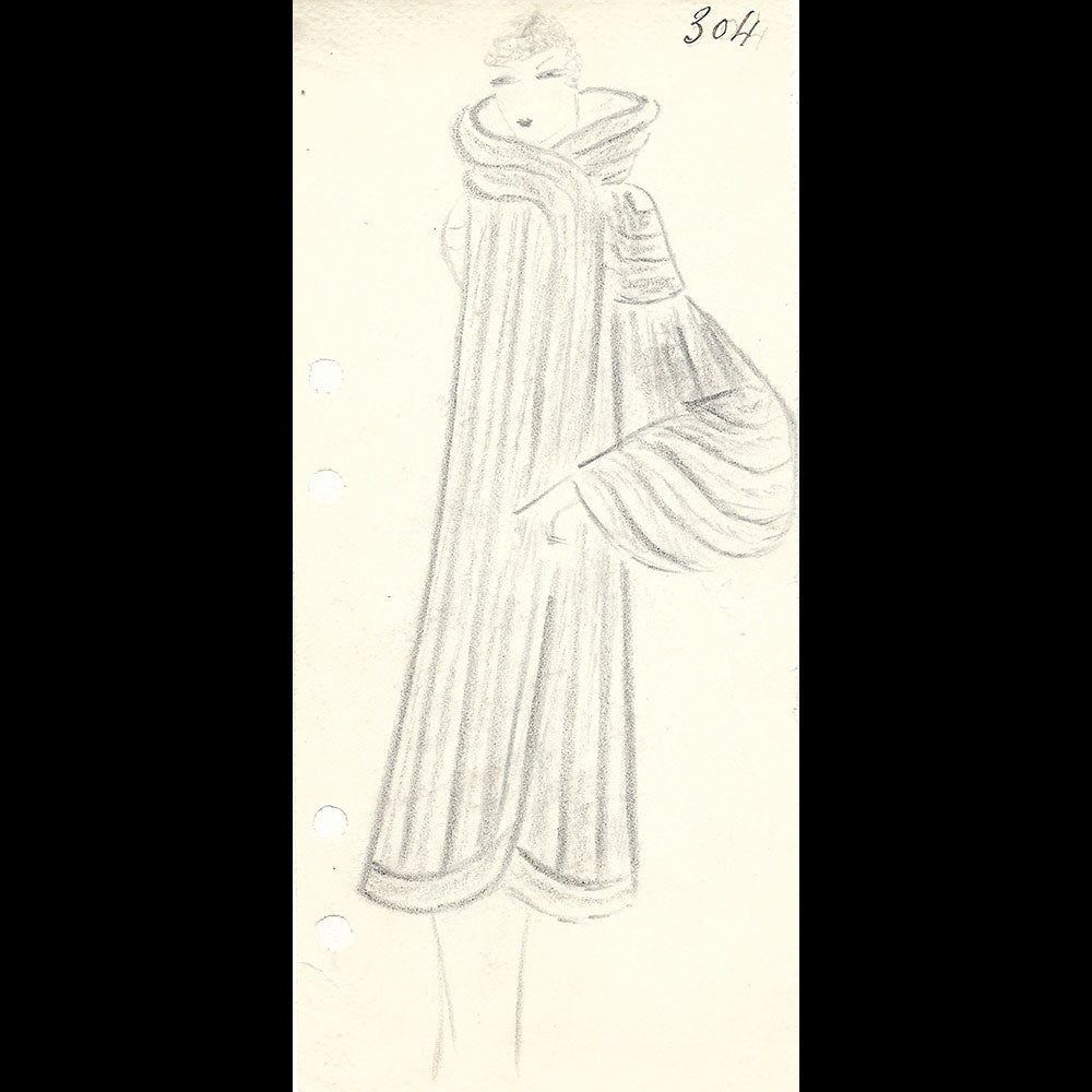 Fourrures Max - Dessin d'un manteau par Monsieur Alex (circa 1930s)