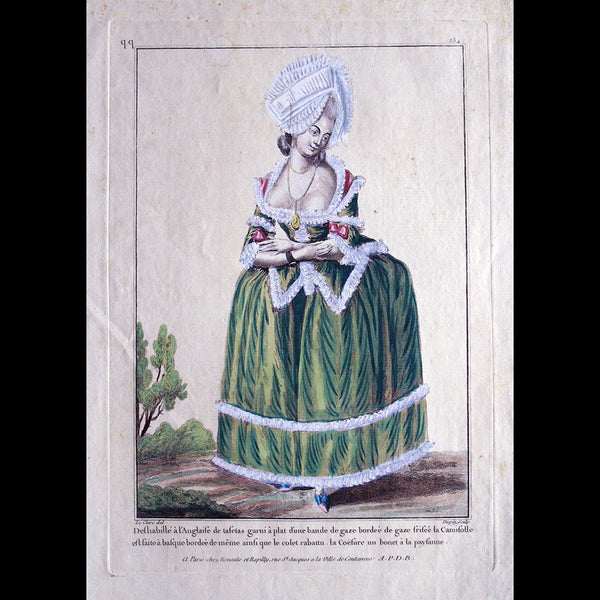 Gallerie des Modes et Costumes Français, gravure n° qq 234, Déshabillé à l'Anglaise de taffetas garni (1782)