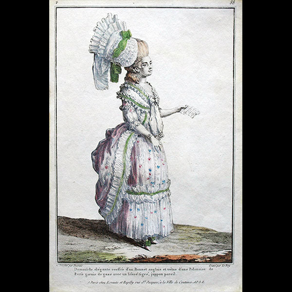 Gallerie des Modes et Costumes Français, gravure n° P 88, Demoiselle élégante par Desrais (1778)
