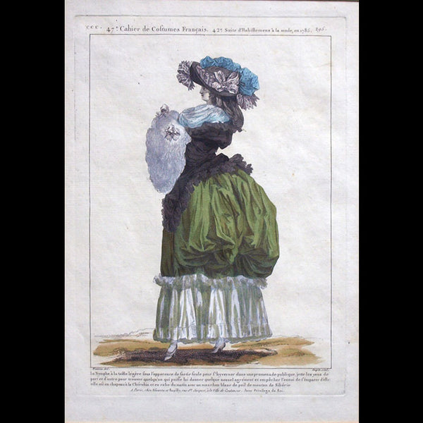 Gallerie des Modes et Costumes Français, 1778-1787, gravure n°ccc 295, La Nymphe à la taille légère (1785)