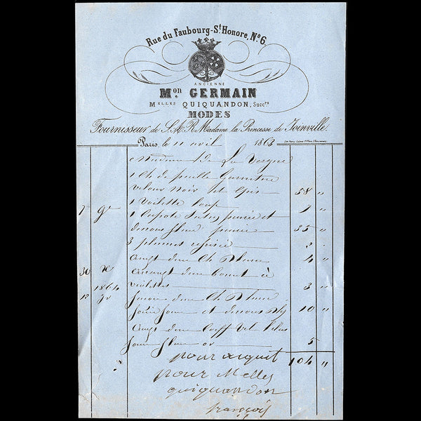 Maison Germain - Facture de la maison de modes, 6 rue du Faubourg Saint-Honoré à Paris (1863)