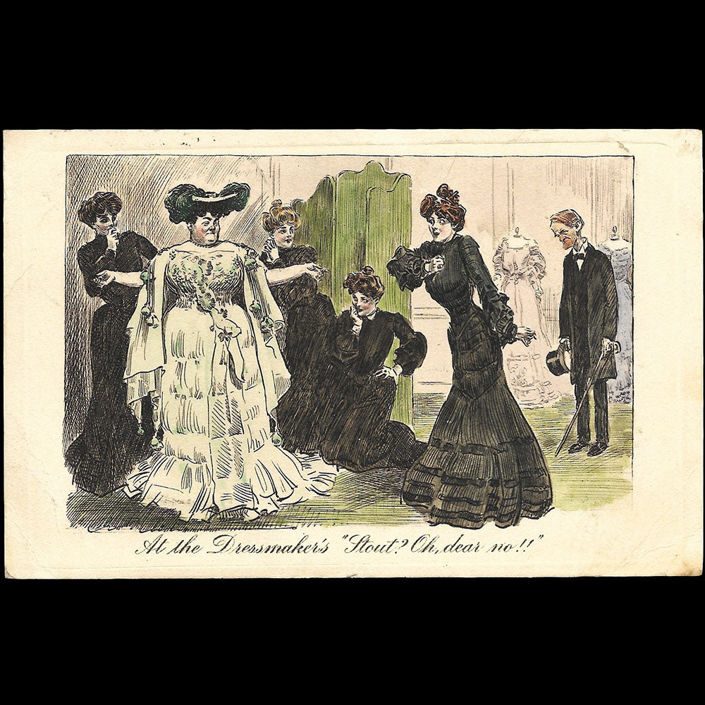 Gibson - At the Dressmaker's Stout? "Oh, dear no!", carte illustrée de Charles Gibson (1906)