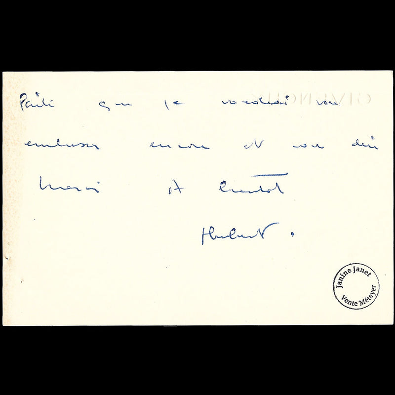 Givenchy - Carte autographe signée adressée à Janine Janet (circa 1950s)