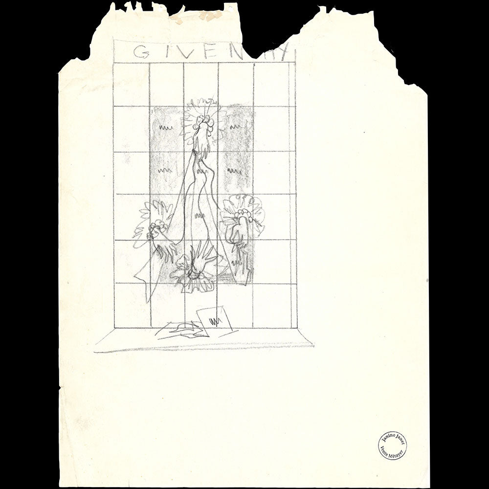 Givenchy - Les Mains, projet de vitrine pour le Ritz, dessin de Janine Janet (1956)