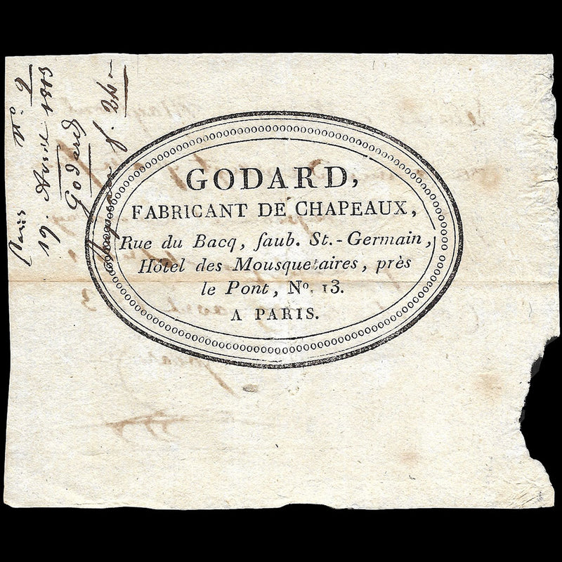 Godard - Reçu du fabricant de chapeaux, 6 rue du Bacq à Paris (1813)
