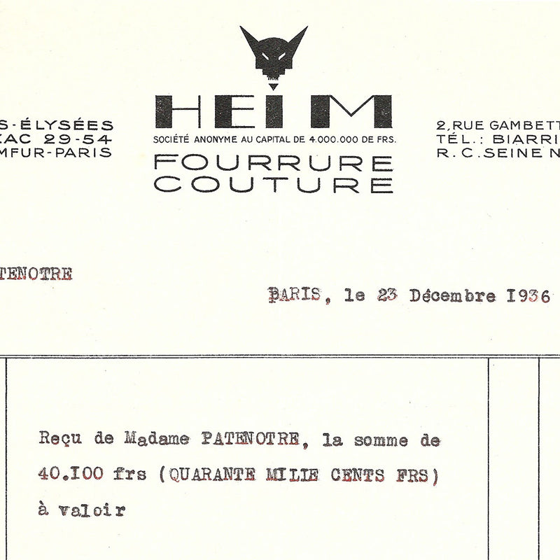 Heim - Facture de la maison de la maison de couture, 50 avenue des Champs-Elysées, Paris (1936)