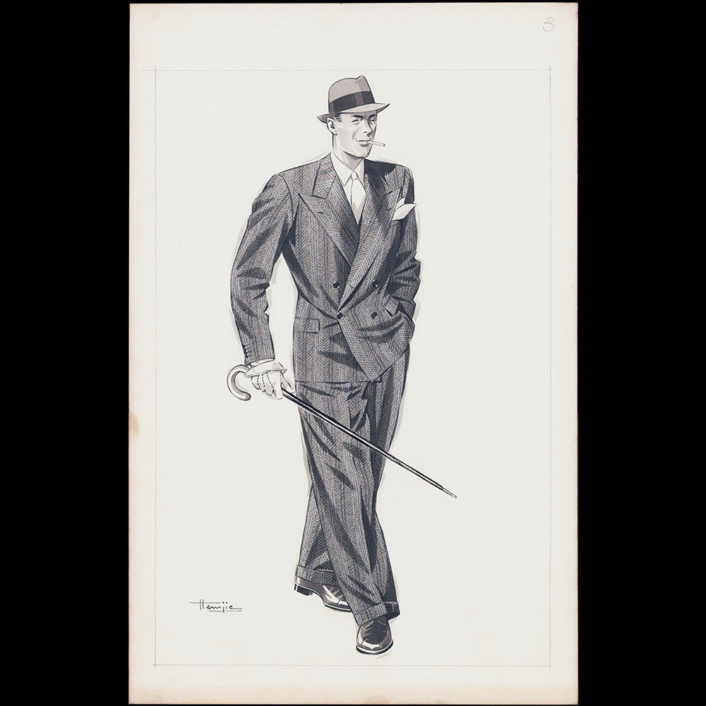Marcel Hemjic - Elégant en costume croisé, dessin pour L'Homme Moderne, numéro spécial de l'Exposition Internationale des Arts et Techniques dans la Vie Moderne (1937)