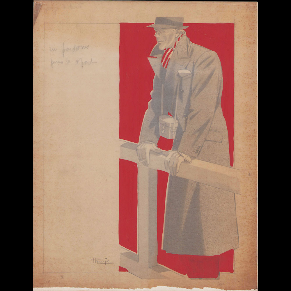 Marcel Hemjic - Elégant en pardessus de sport aux courses, dessin (circa 1937)