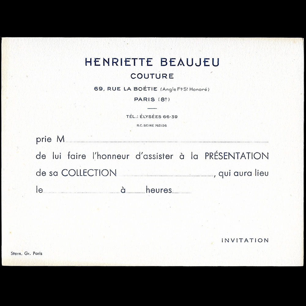 Henriette Beaujeu - Invitation de la maison de couture, 69 rue de la Boétie à Paris (circa 1944-1945)