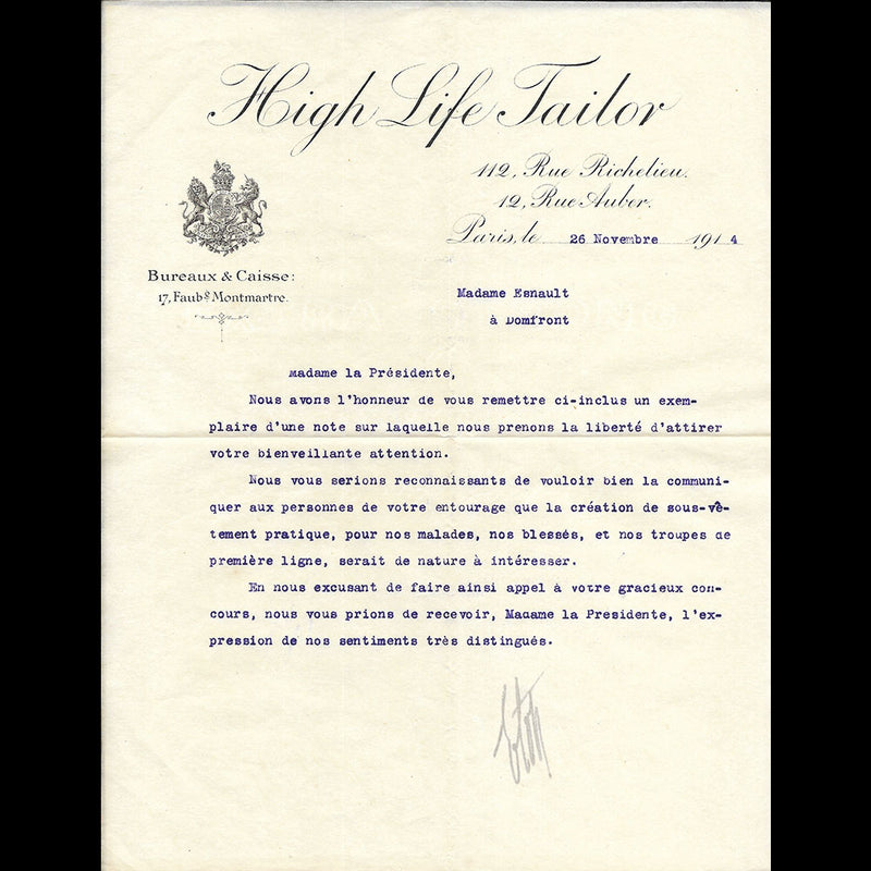 High Life Tailor - Lettre annonçant la création d'un gilet pour soldat La Cuirasse du Soldat (1914)