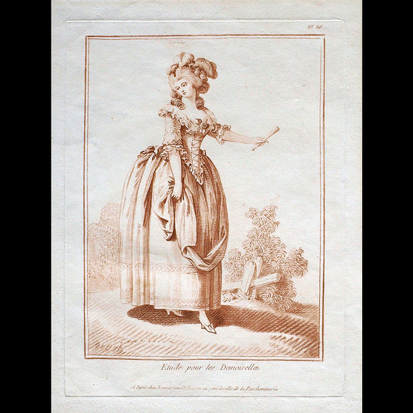 Elégante se promenant, gravure de mode de la suite Etude pour les Demoiselles d'après Jean-Baptiste Huet (1783)