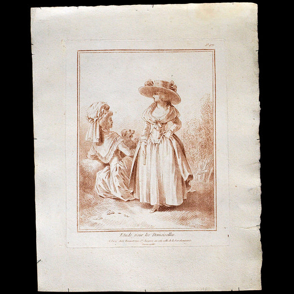 Deux Elégantes au chien, gravure de mode de la suite Etude pour les Demoiselles d'après Jean-Baptiste Huet (1788)