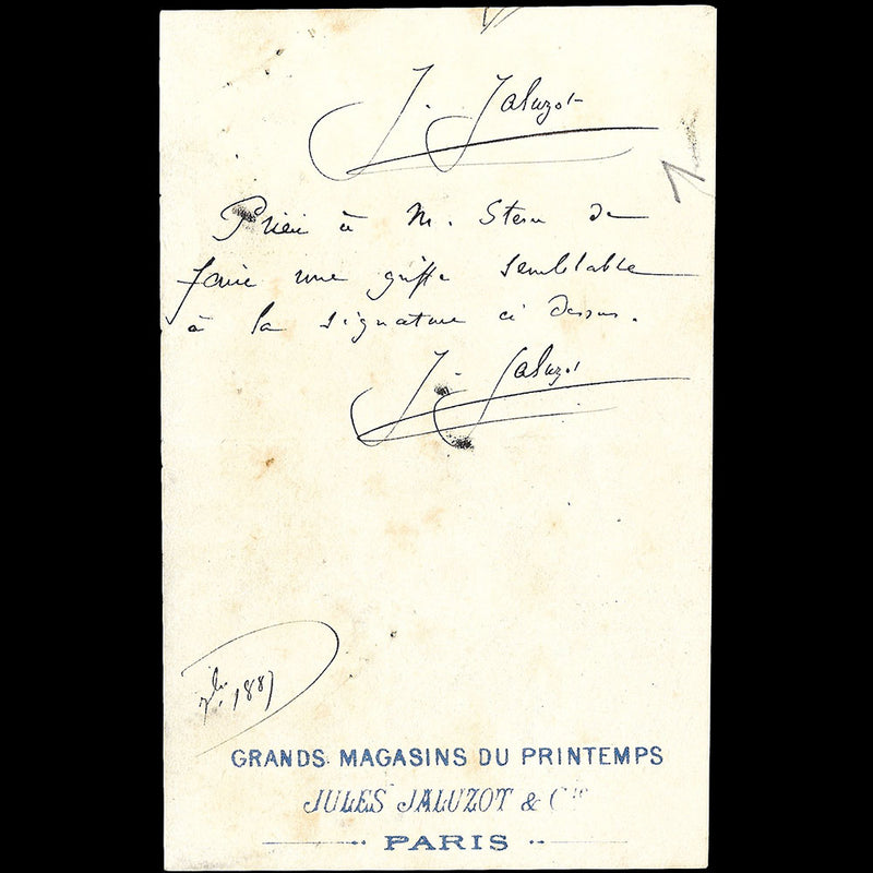 Le Printemps - Lettre autographe signée de Jules Jaluzot au graveur Stern (1887)