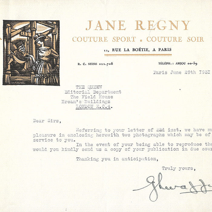 Jane Regny - Correspondance de la maison de couture (1931)