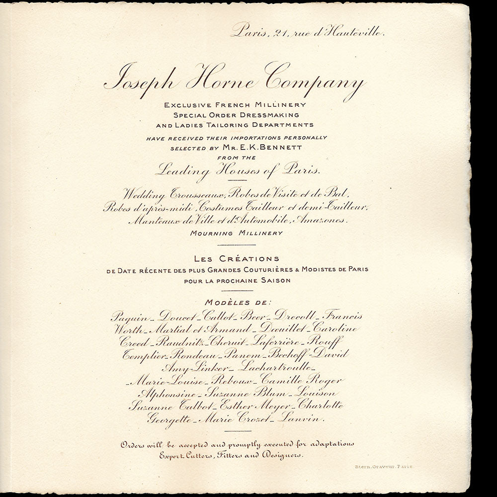 Joseph Horne Company - Invitation annonçant la sélection de modèles de Paris (1909)