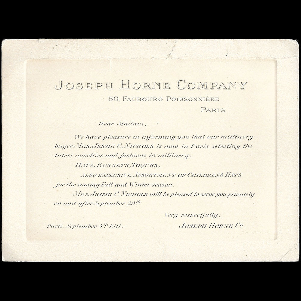 Joseph Horne Company - Invitation annonçant la sélection de chapeaux de Paris (1911)