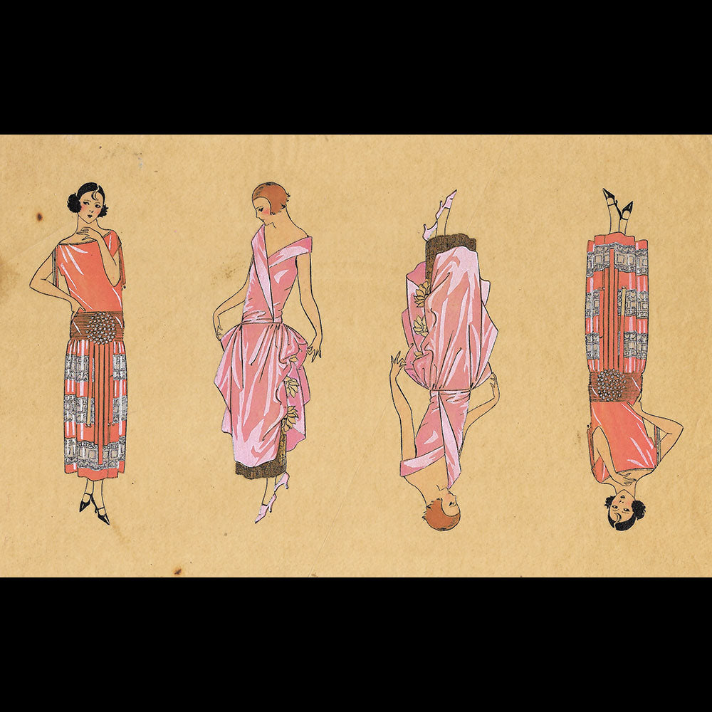Planche au pochoir représentant 4 robes (1920s)