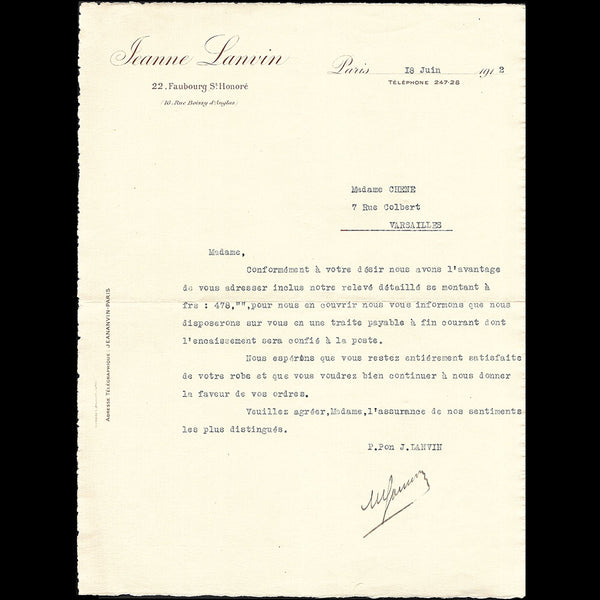 Lanvin - Lettre de la maison Jeanne Lanvin, 22 faubourg Saint-Honoré à Paris (1912)
