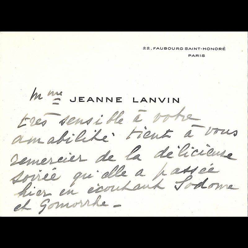 Jeanne Lanvin - Correspondance de la couturière relative à Sodome et Gomorrhe (1943)