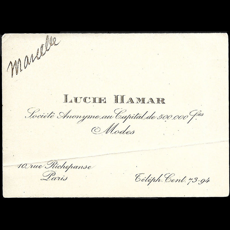 Carte de la maison de modes Lucie Hamar, 10 rue Richepanse à Paris (circa 1920)