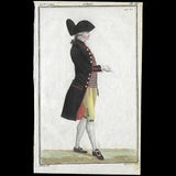 Magasin des Modes Nouvelles Françaises et Anglaises, 33ème cahier, planche III - Jeune homme en frac de drap noir, gilet rayé (1787)
