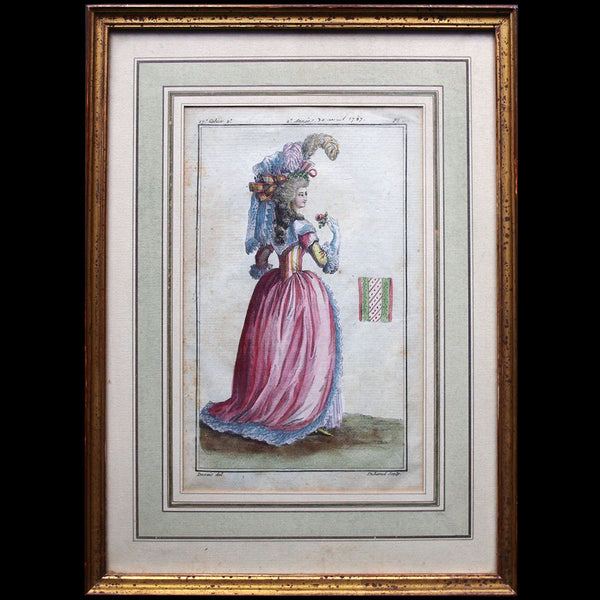 Magasin des Modes Nouvelles Françaises et Anglaises, planche 2, 17ème cahier - Dame en robe de linon rose (30 avril 1787)