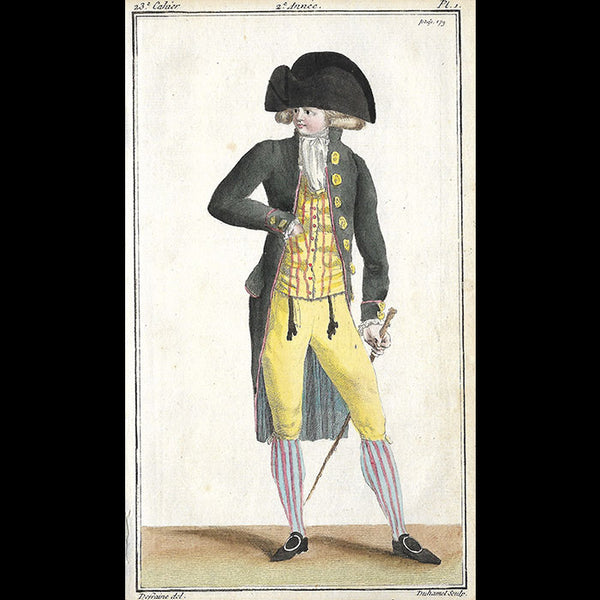 Magasin des Modes Nouvelles Françaises et Anglaises, 23ème cahier, planche 1 - Jeune homme en habit de drap vert noir (1787)