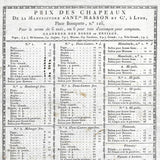 Prix des chapeaux de la manufacture d'Antoine Masson et cie, 126 place Bonaparte à Lyon (1810)