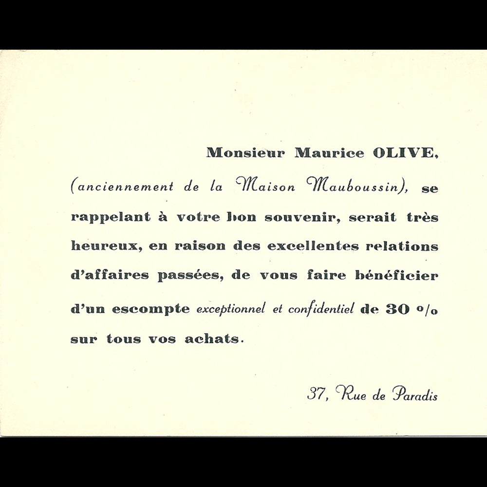Maurice Olive - Carte du joaillier, 37 rue de Paradis à Paris (circa 1930s)