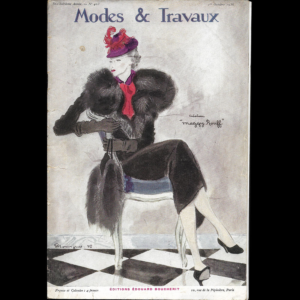 Modes et Travaux, 1er octobre 1936, couverture de Pierre Mourgue d'un modèle de Maggy Rouff
