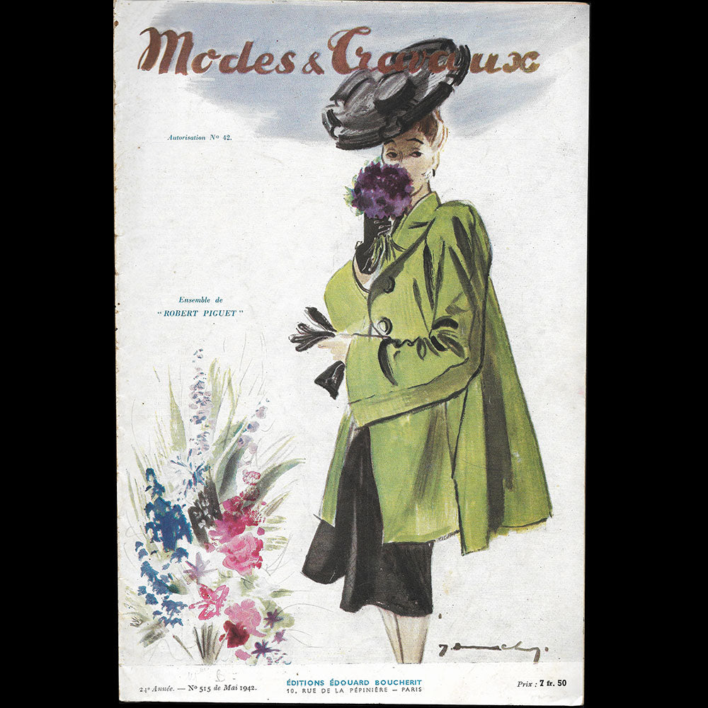 Modes et Travaux, mai 1942, couverture de Demachy d'un modèle de Robert Piguet