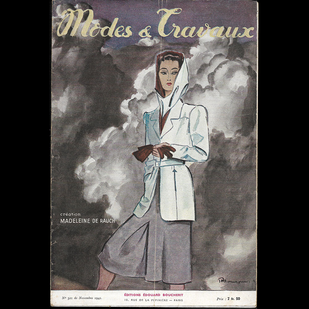Modes et Travaux, novembre 1942, couverture de Pierre Mourgue d'un modèle de Madeleine de Rauch