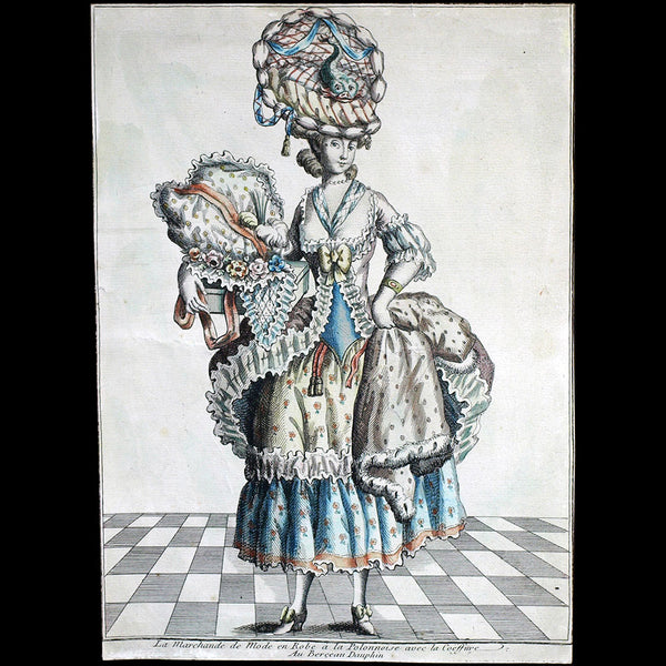Mondhare - Collection de la Parure des Dames - - La Marchande de Mode en Robe à la Polonnoise avec la Coëffure Au Berceau Dauphin (circa 1782)