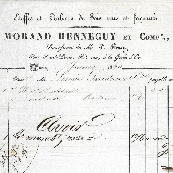 Morand Henneguy et Cie- Facture du magasin d'étoffes, Rue Saint-Denis à Paris (1830)