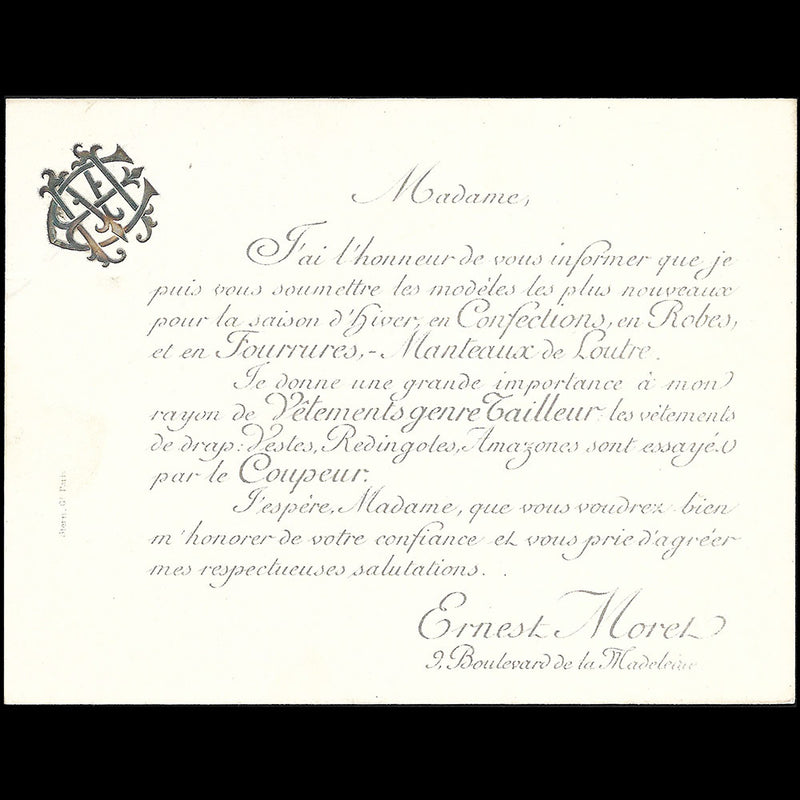 Ernest Moret - Invitation de la maison de confection, 9 boulevard Madeleine à Paris (circa 1910s)
