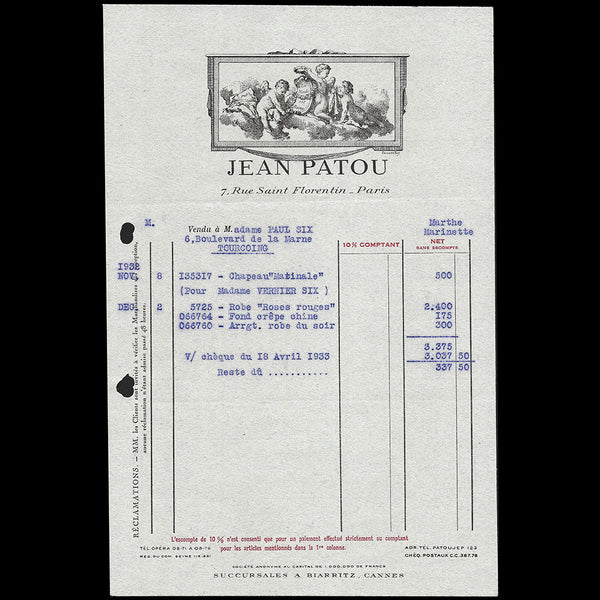 Patou - Facture de la maison Jean Patou, 7 rue Saint-Florentin (1932)