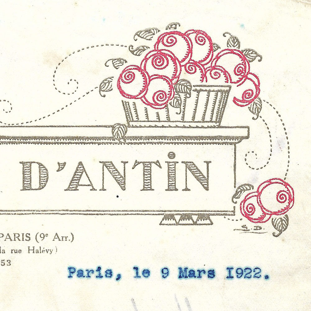 Pavillon d'Antin - Facture de la maison de parfums, 25 boulevard Haussmann à Paris (1922)