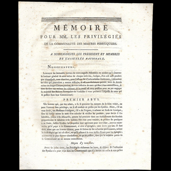 Perruque - Mémoire pour MM. les privilégiés de la communauté des maîtres perruquiers (circa 1790)