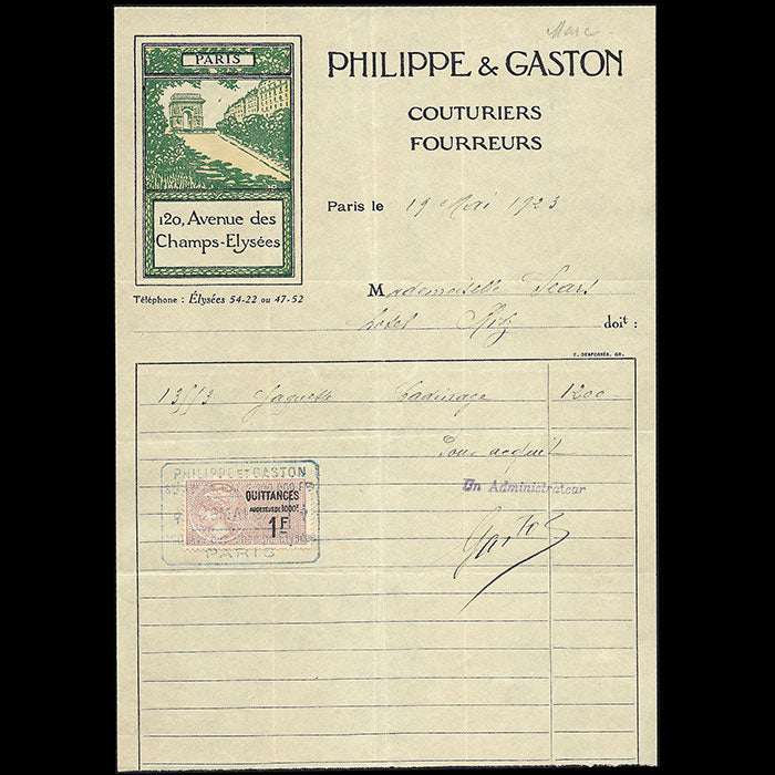Philippe et Gaston - Facture de la maison de couture 120 avenue des Champs-Elysées à Paris (1923)