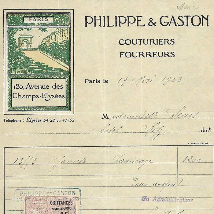 Philippe et Gaston - Facture de la maison de couture 120 avenue des Champs-Elysées à Paris (1923)