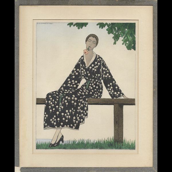 Gazette du Bon Ton - Pense-t-il à moi ?, robe de Paul Poiret, planche d'André Marty (n°5, 1921)