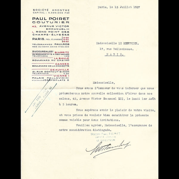 Paul Poiret - Invitation pour la collection hiver 1927