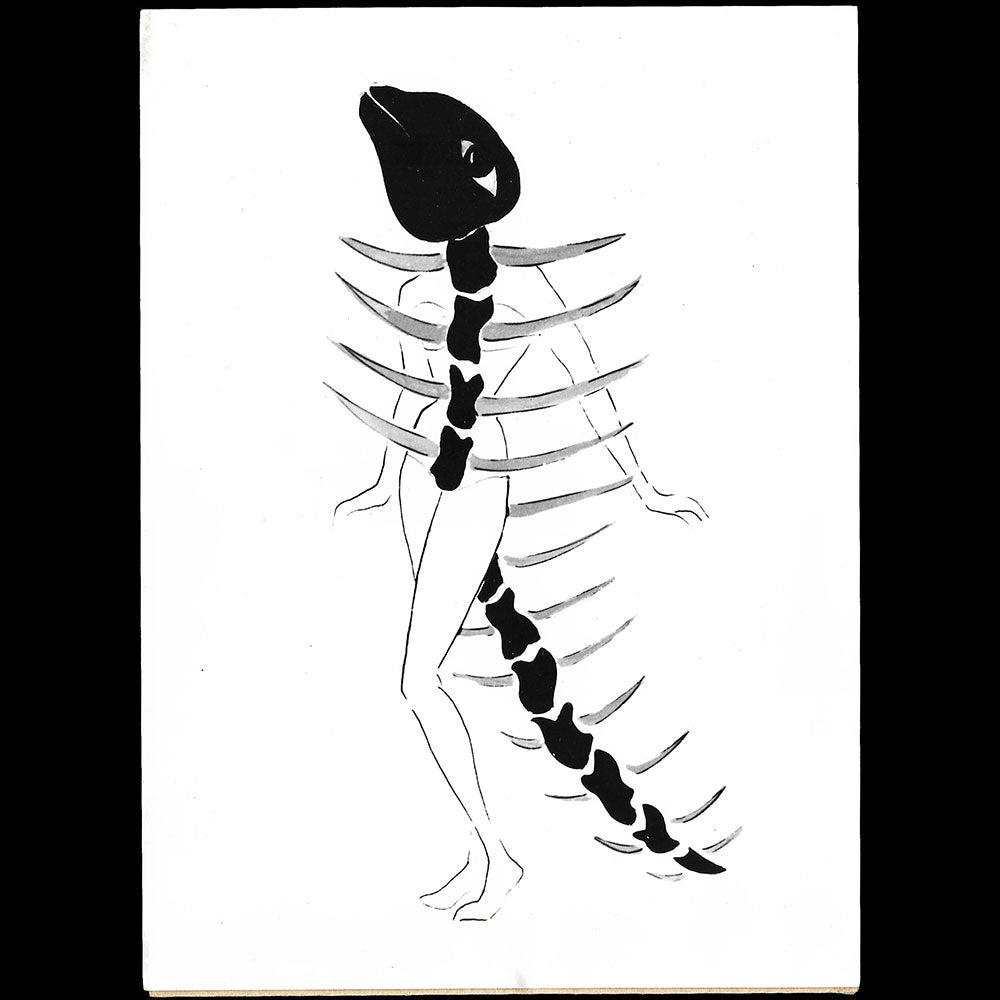 Le Paléontologiste, dessin d'Anne Jellish pour le bal Schizofantastique, photographie du New York Times (1950)