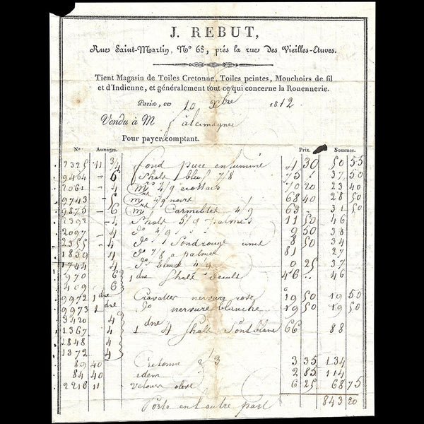 J. Rebut - Facture du magasin de toiles, 68 rue Saint-Martin à Paris (1812)
