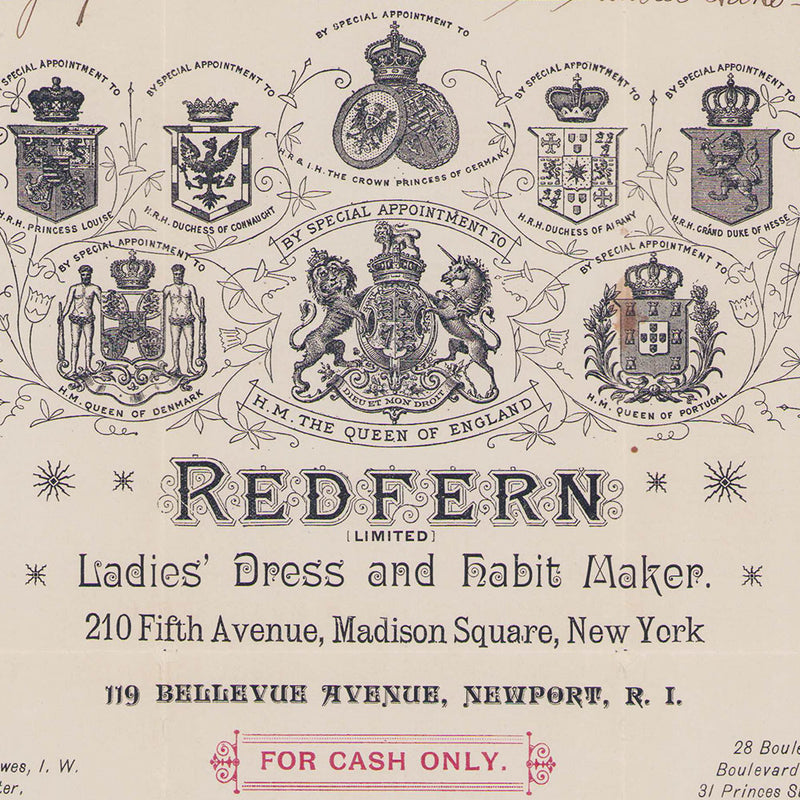 Redfern - Facture de Redfern and sons, tailleur pour dames, 210 Fifth Avenue, Madison Square à New York (1896)