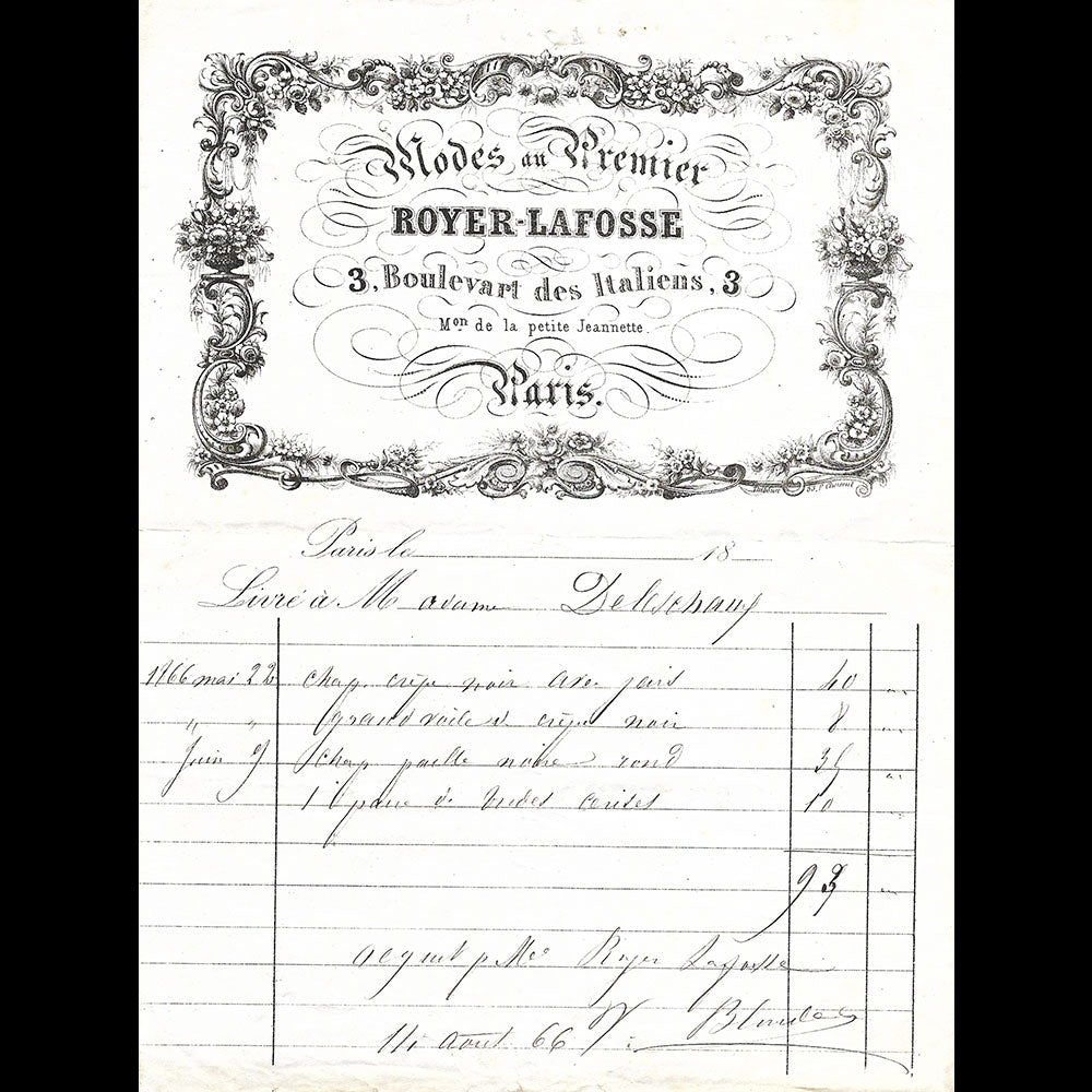 Royer Lafosse - Facture de la maison de modes, 3 boulevart des Italiens à Paris (1866)