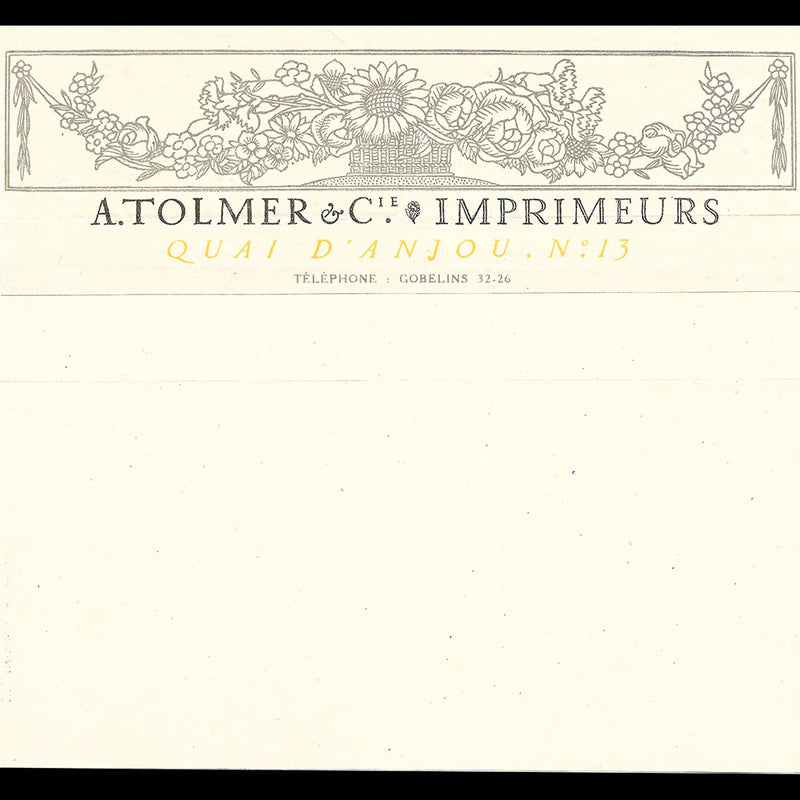 A. Tolmer & Cie - Papier à lettre de l'imprimerie Quai d'Anjou à Paris (1910s)